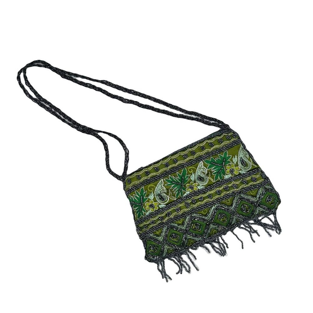 Toni Vtg Green Floral Beaded Double Handle Shoulder Small Bag